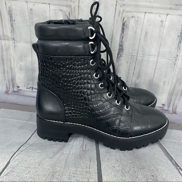 Gianni Bini Size 6.5 Black Chunky Combat Heel Boot Lace Up Textured Low Heel - Picture 2 of 15